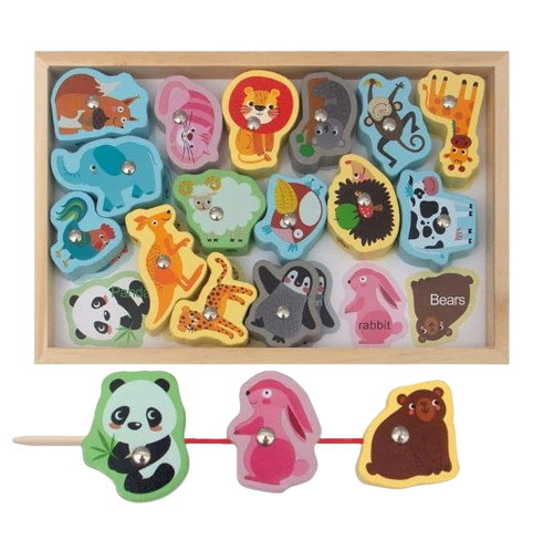 Wooden Animals Magnetic Fishing & Threading Tray