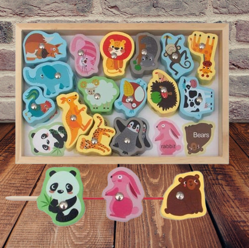 Wooden Animals Magnetic Fishing & Threading Tray