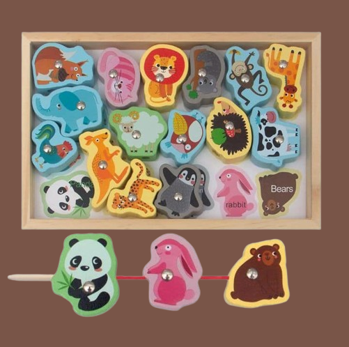 Wooden Animals Magnetic Fishing & Threading Tray