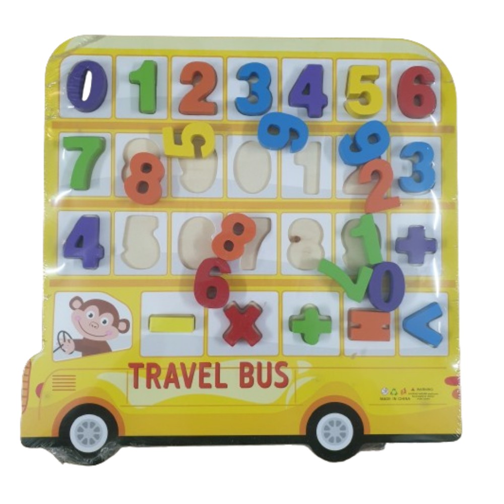 Wooden Bus Themed 3D Alphabet & Numbers Sorting Board