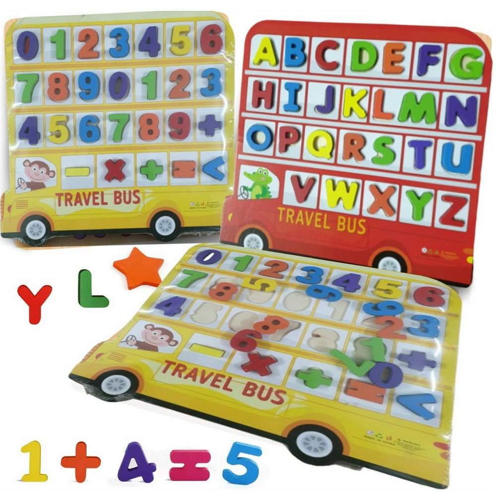 Wooden Bus Themed 3D Alphabet & Numbers Sorting Board