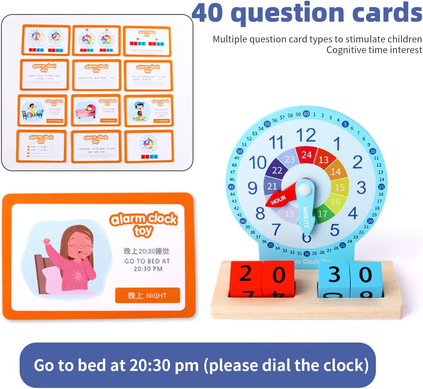 Wooden Alarm Clock Toy With 40 Question Cards