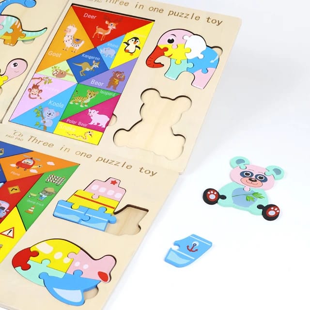Wooden 3 in 1 Colorful Tangram Puzzle Sorting Board