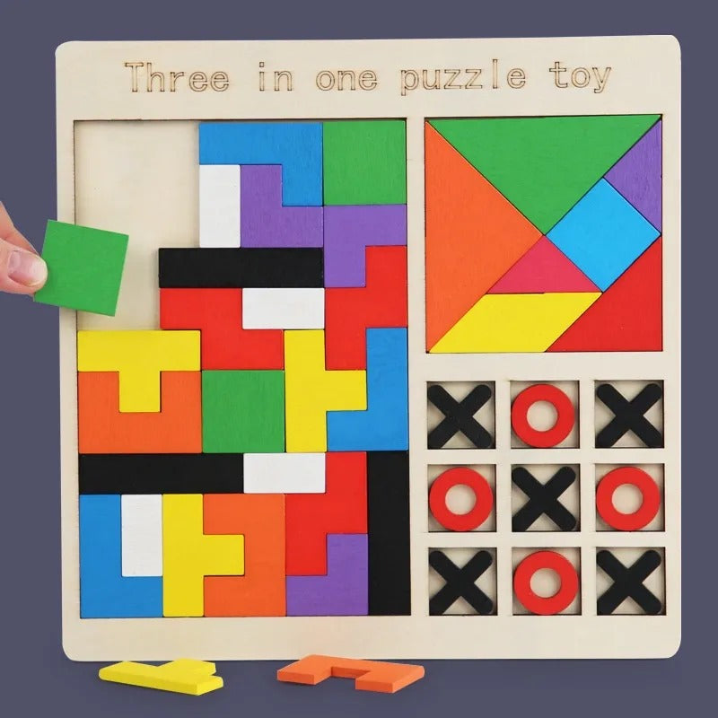 Wooden Tangram and Tic Tac Toe Puzzle Board