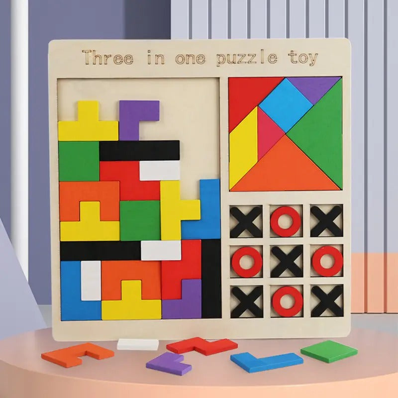 Wooden Tangram and Tic Tac Toe Puzzle Board