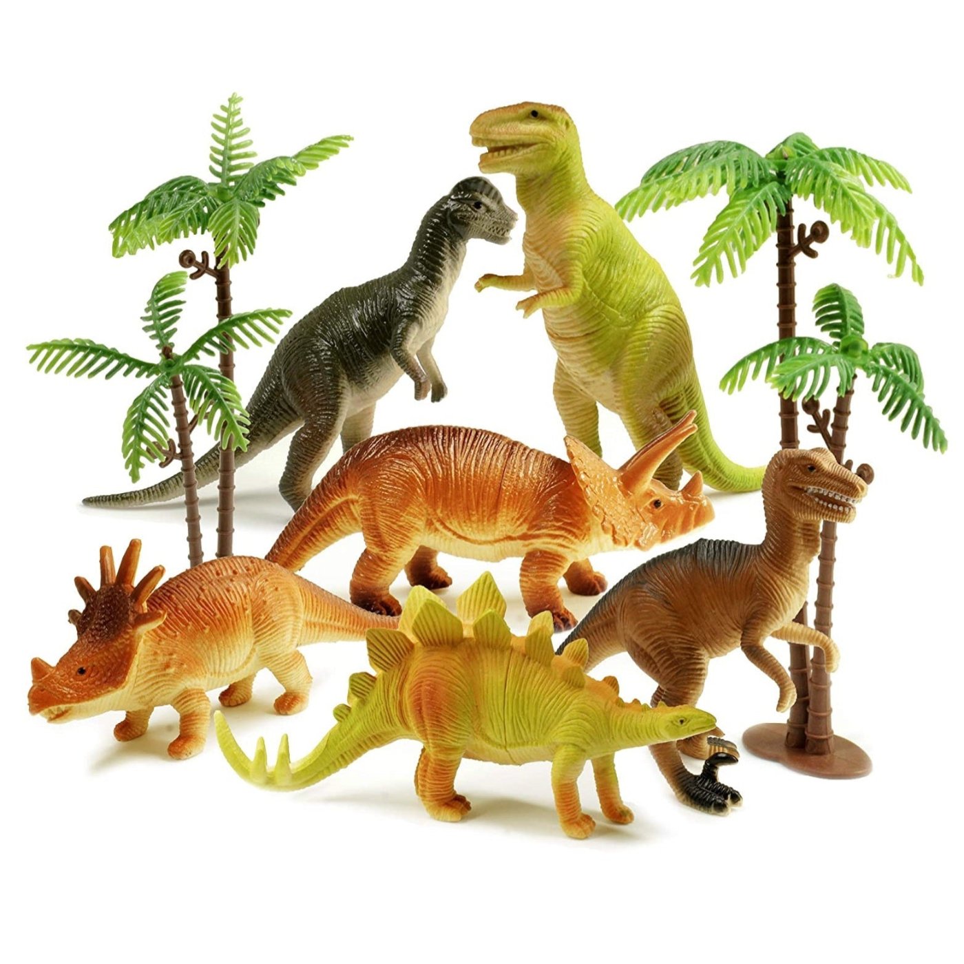 Kids Bag Of 8 Rubber Dinosaurs Set With Trees And Playing Rocks