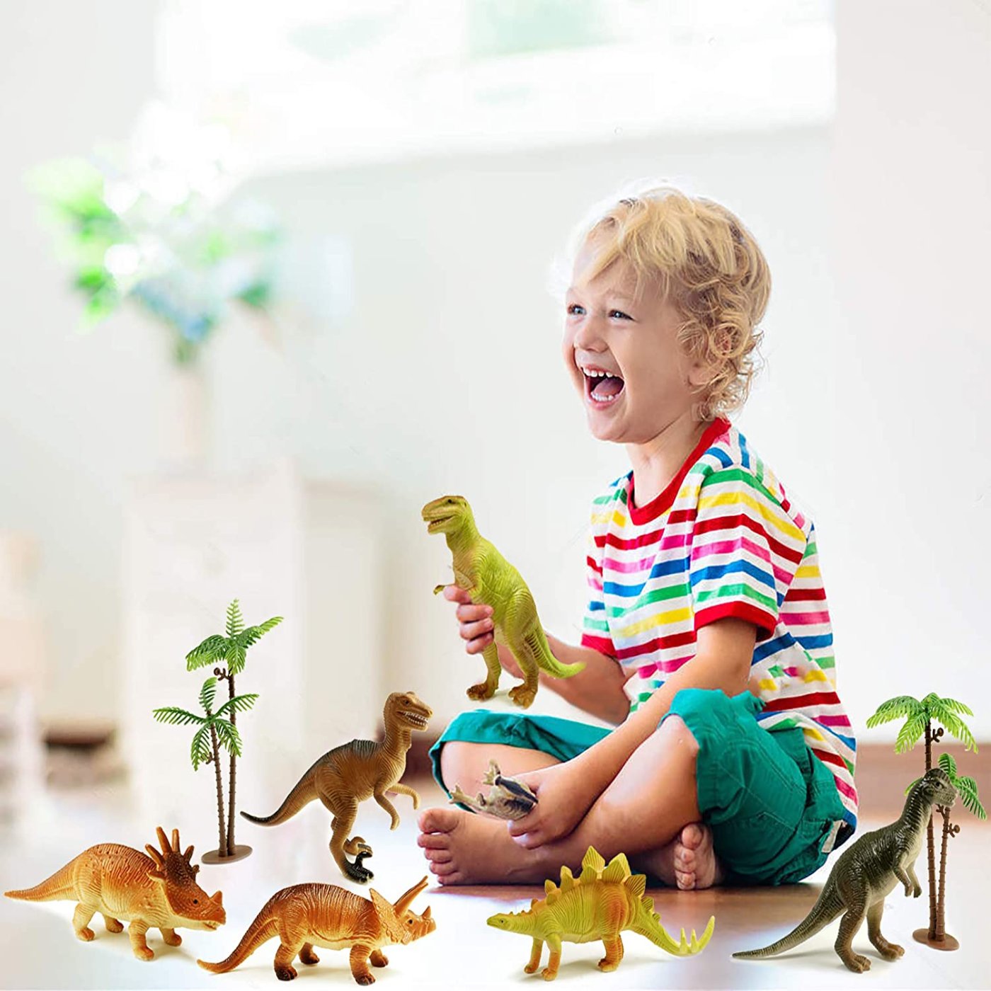 Kids Bag Of 8 Rubber Dinosaurs Set With Trees And Playing Rocks