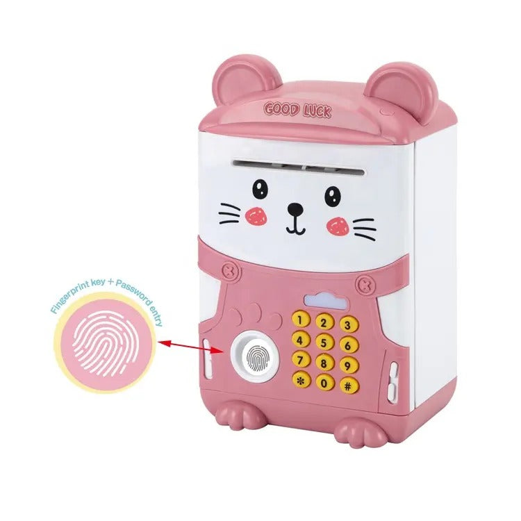 Kids Kitty Automatic Roll Money Fingerprint Key Electronic ATM Saving Box