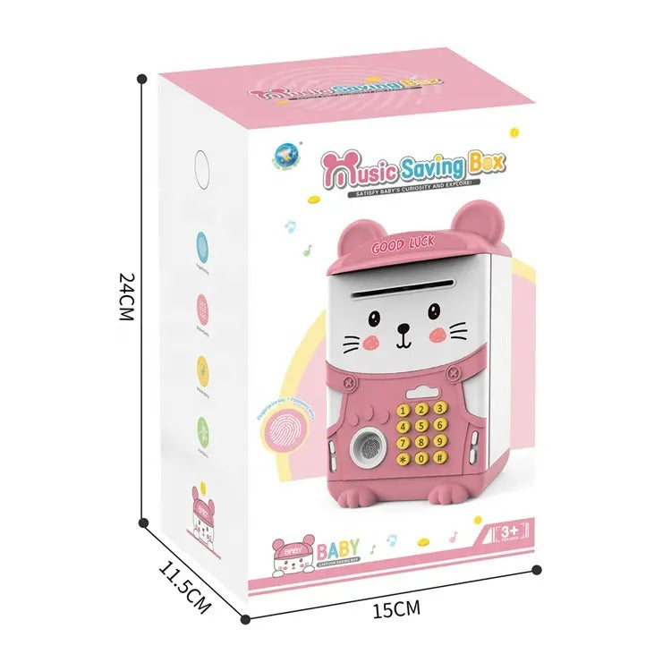 Kids Kitty Automatic Roll Money Fingerprint Key Electronic ATM Saving Box