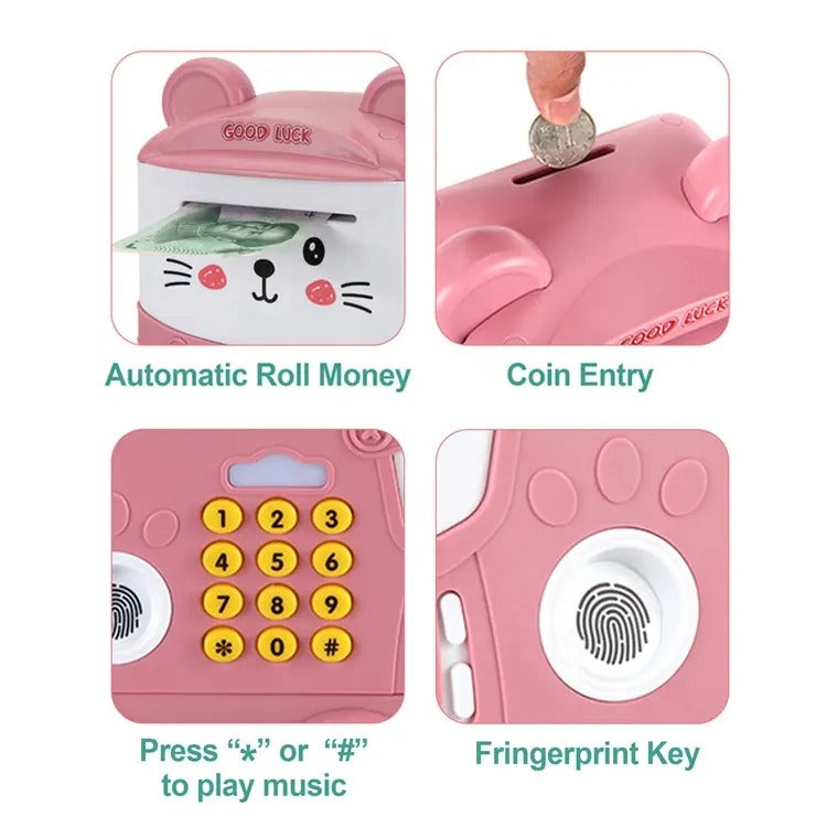 Kids Kitty Automatic Roll Money Fingerprint Key Electronic ATM Saving Box