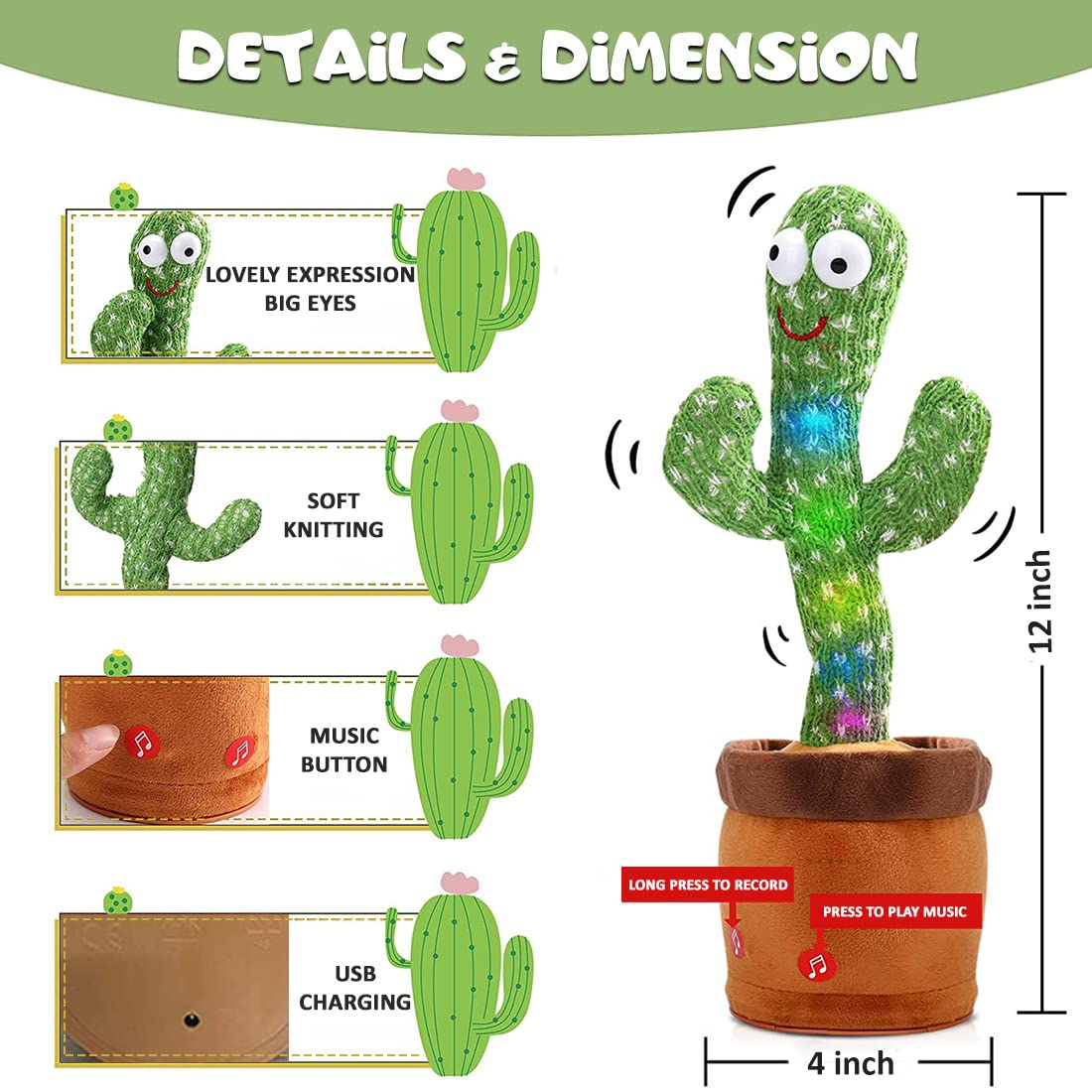 Funny Dancing Cactus Toy Electronic Plush Toy Singing Record & Repeating