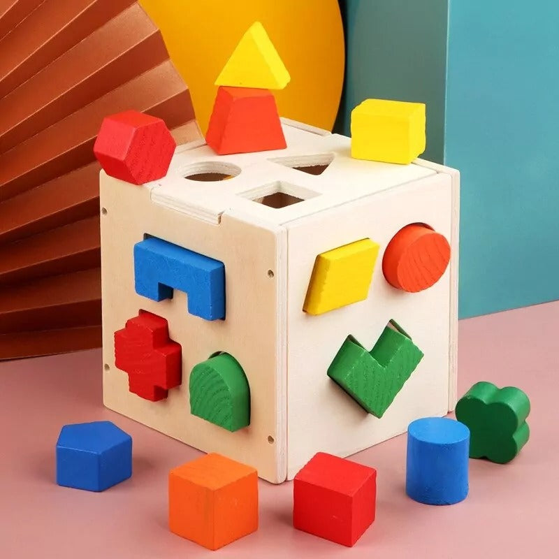 Wooden Geometric Shape Sorting Cube Box