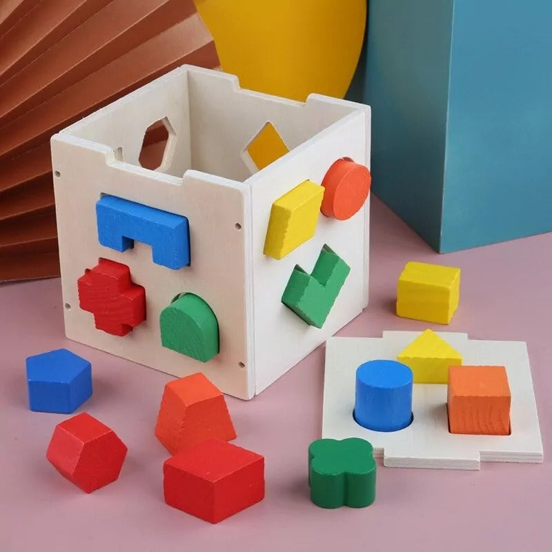 Wooden Geometric Shape Sorting Cube Box